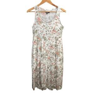 Frye Floral Midi Dress Sleeveless Button Front White Pink Green Cottagecore Sz S